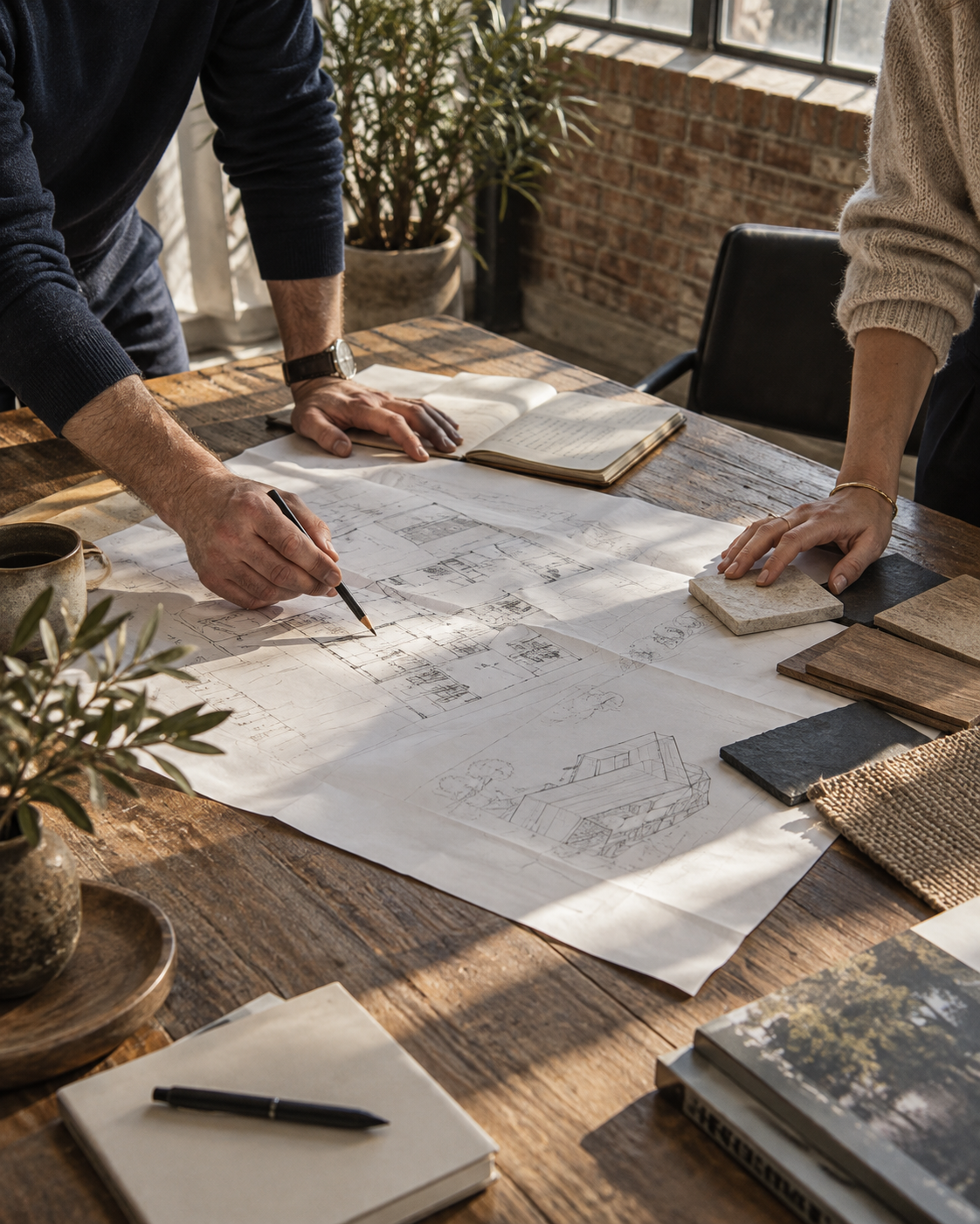 Illustrative scene of operators reviewing plans and materials