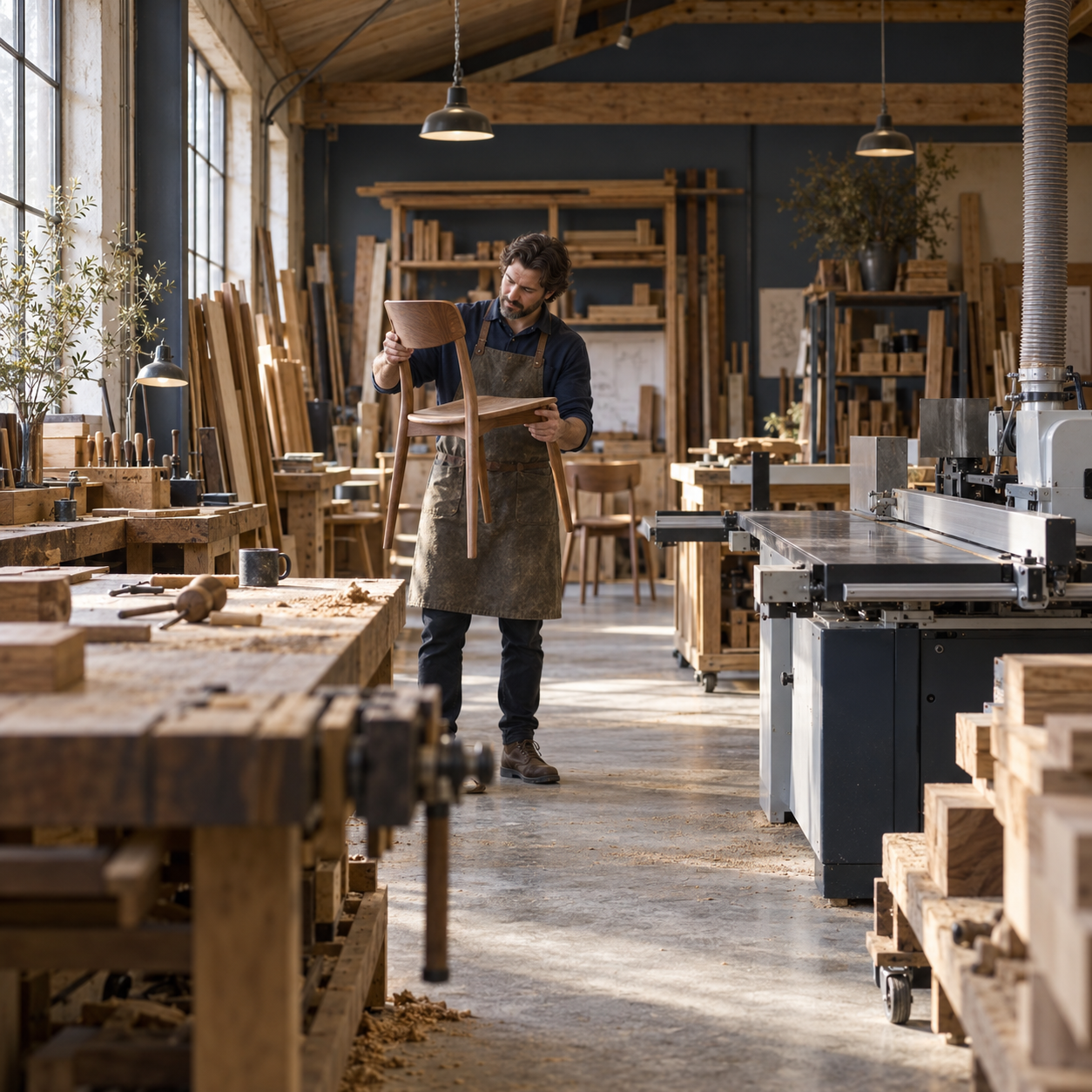 Illustrative furniture workshop with equipment and a craftsperson