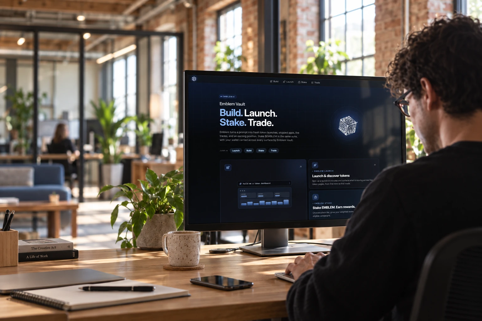 An operator working in a bright brick-and-timber workspace with Emblem Vault displayed on a desktop monitor