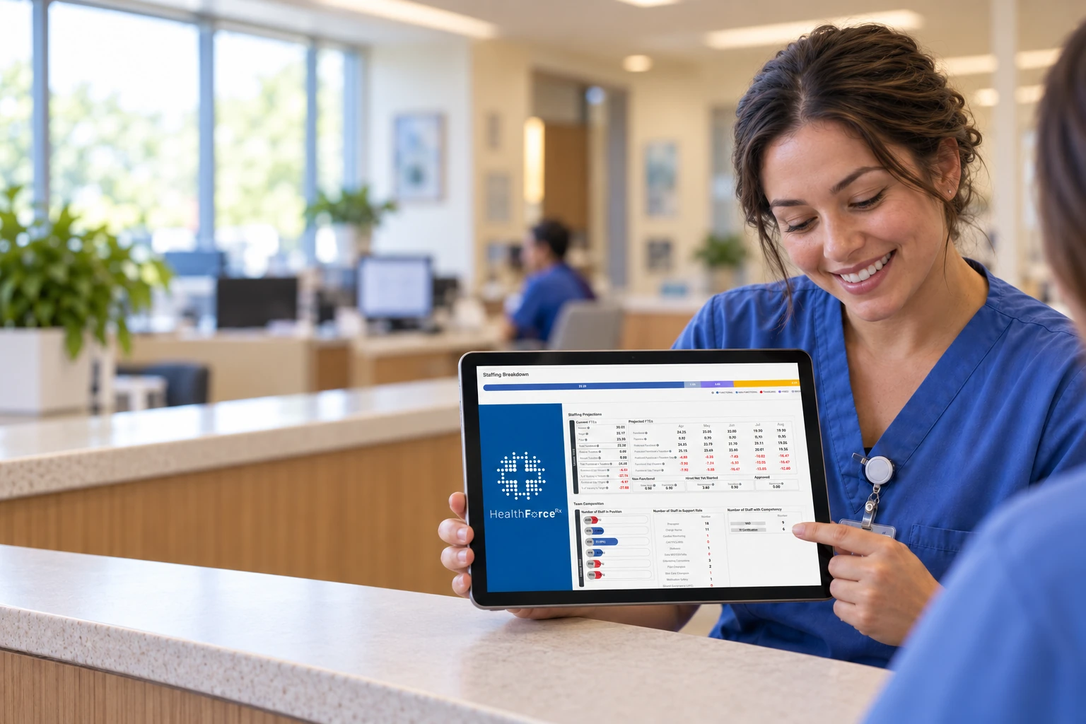 A friendly nurse reviewing the HealthForce staffing dashboard on a tablet in a bright healthcare workspace