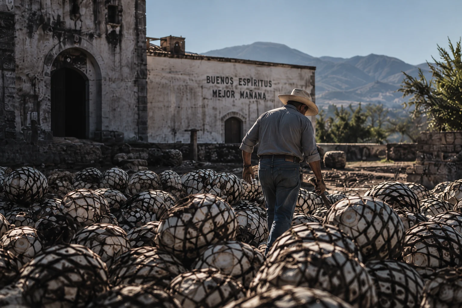 A jimador beside harvested agave hearts and a rustic hacienda in the Mexican highlands